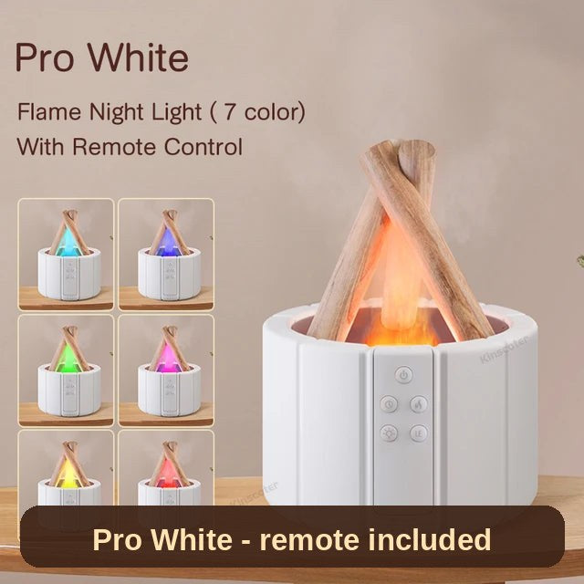 Flame Glow diffuser in white (Pro) with remote control and seven flame colours - change the mood without getting up.