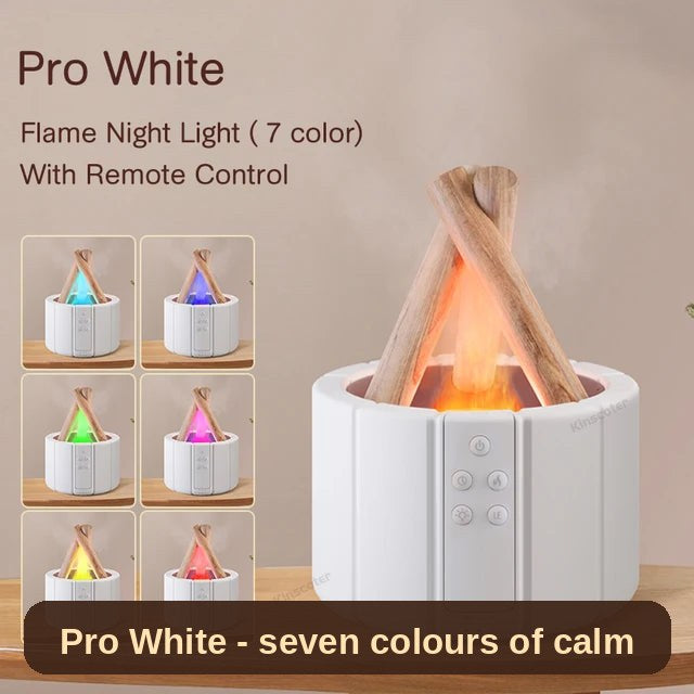 Flame Glow diffuser in white (Pro) with remote - seven colours of flame light for reading, relaxing or winding down.