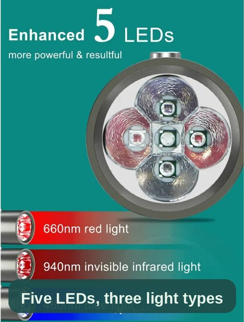 Close-up of the pen's five LEDs - 660nm red light, 940nm invisible infrared and 460nm blue light in one small wand.