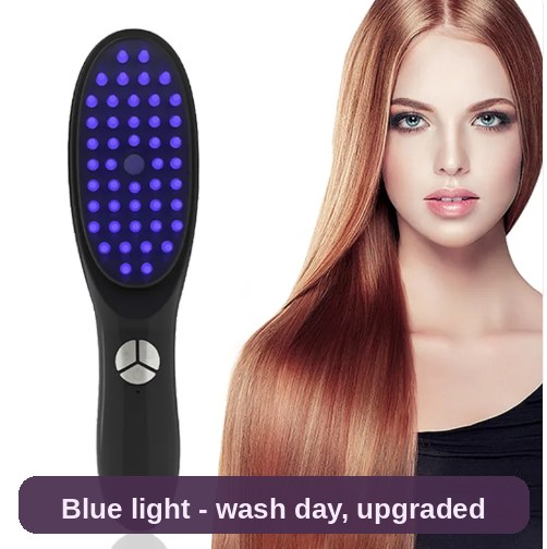 Electric scalp massager comb with its blue light function, beside a model with long, glossy hair - wash day, upgraded.