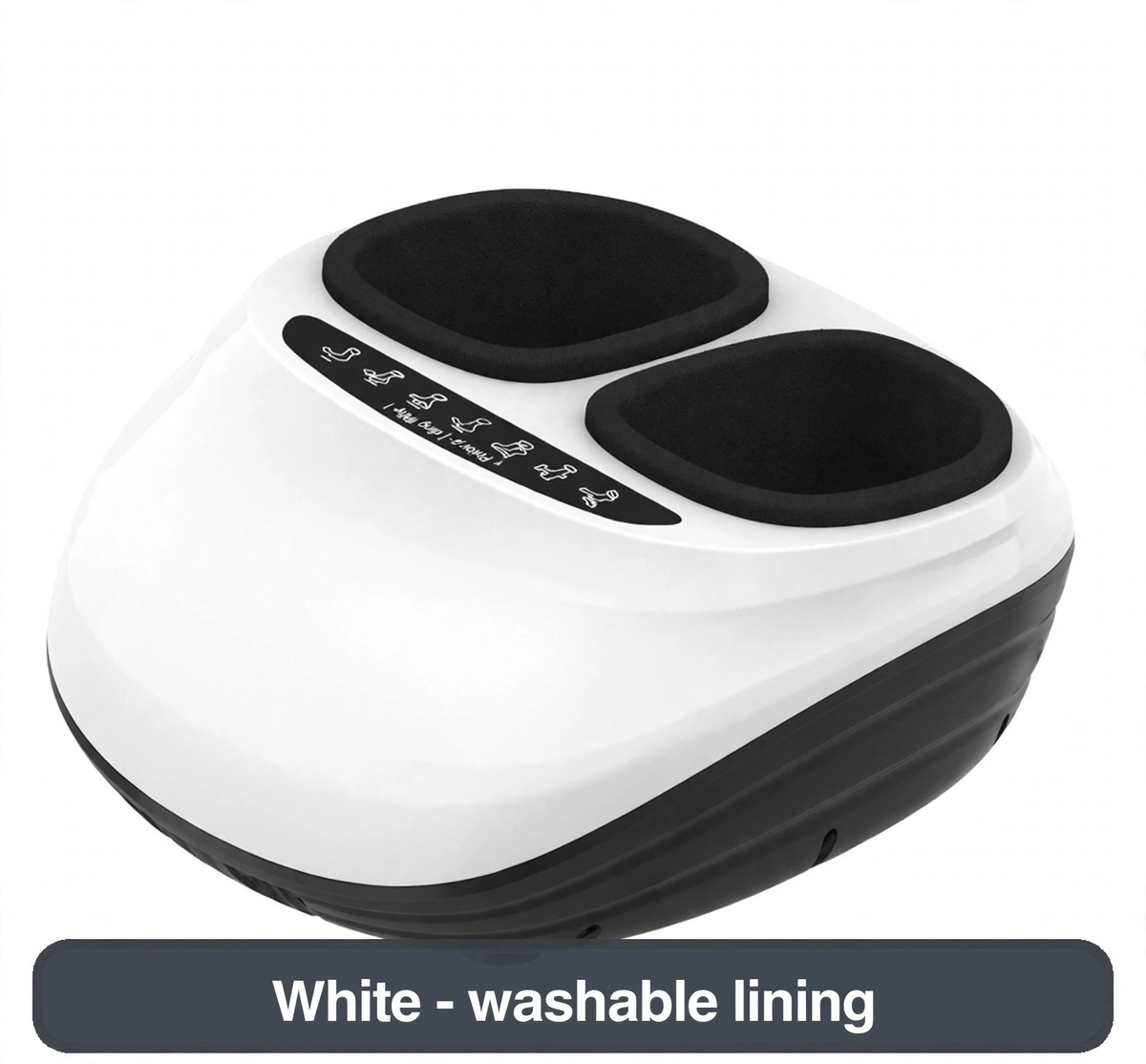 Foot massager in white, front angle - fits most foot sizes, with a removable washable lining.