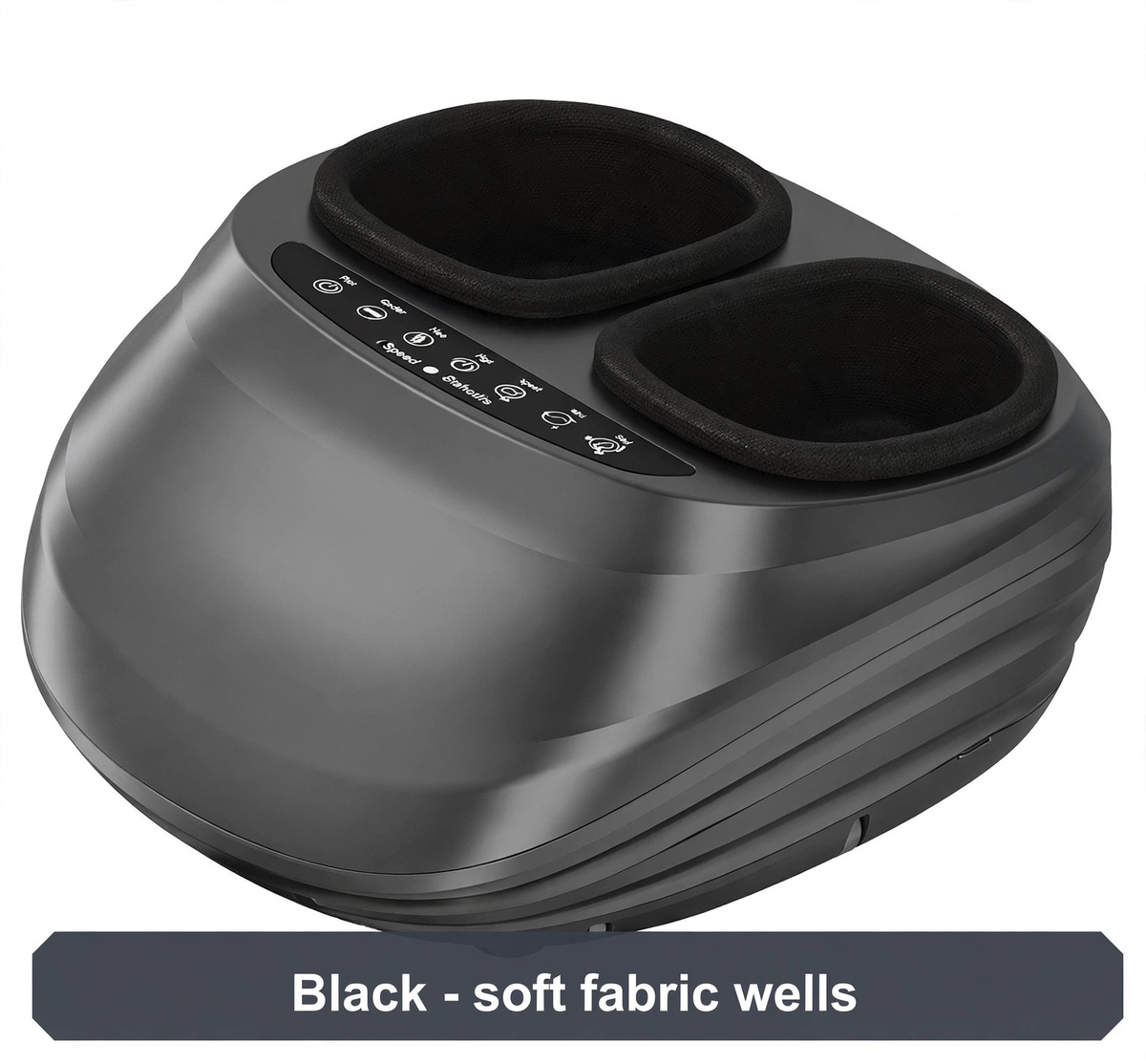 Black foot massager, side angle - a smooth curved shell with soft fabric foot wells.