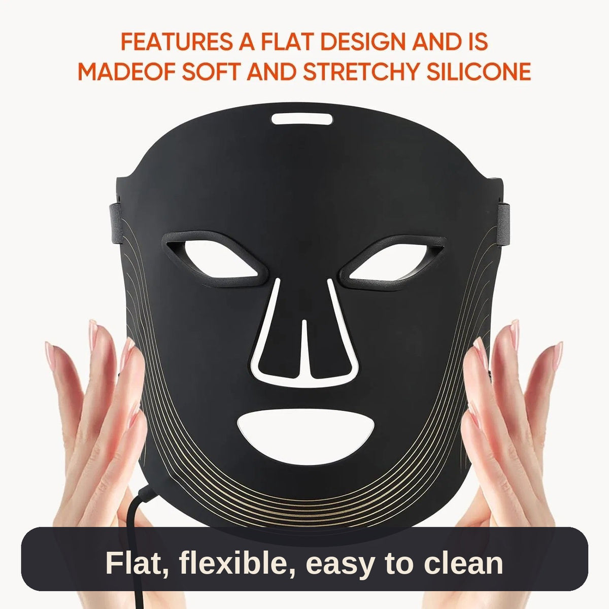 Close-up of the LED mask's flat, stretchy silicone design - soft against the skin and simple to wipe clean.