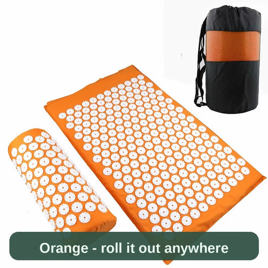 Acupressure Mat and Pillow Set in orange, with its carry bag - bright, light and easy to roll out anywhere.