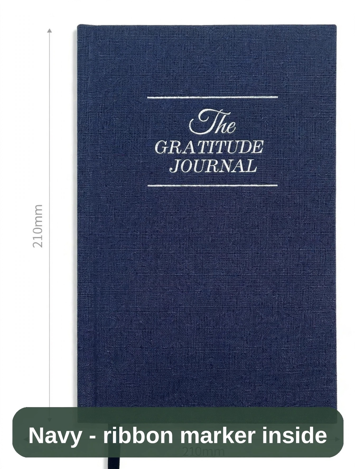 Navy Gratitude Journal, front view - a hardcover with a ribbon marker to keep your place.