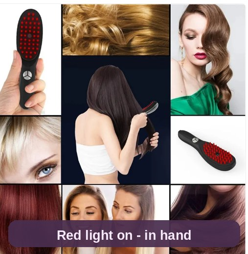 The scalp massager comb in hand with its red light on - a small upgrade to your everyday hair-care routine.