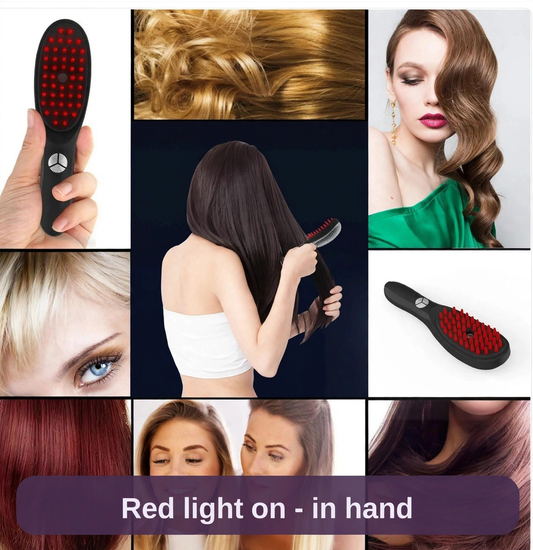 The scalp massager comb in hand with its red light on - a small upgrade to your everyday hair-care routine.