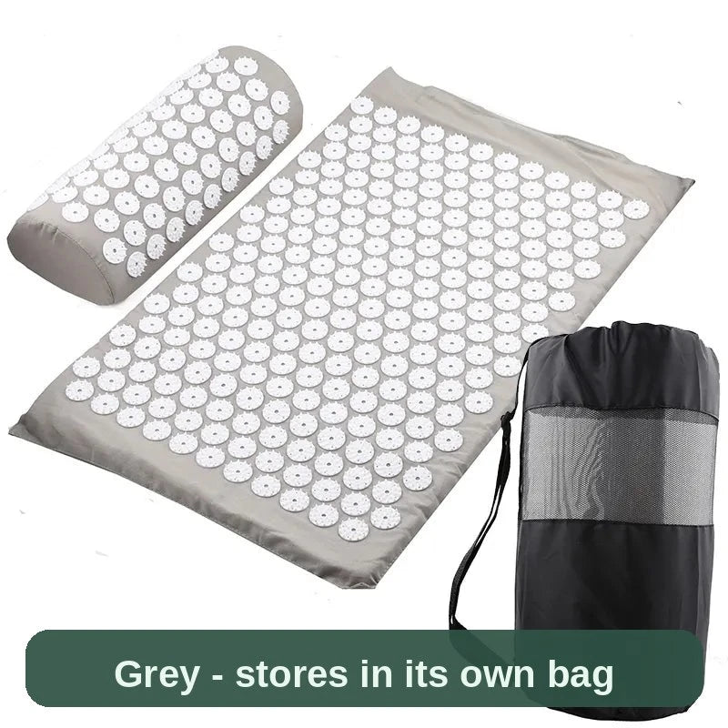 Acupressure Mat and Pillow Set in grey with carry bag - understated and easy to store in its own bag.