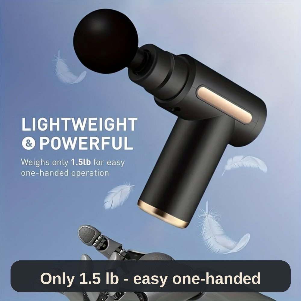 Lightweight and powerful: the mini massage gun weighs about 1.5 lb, for easy one-handed use anywhere.