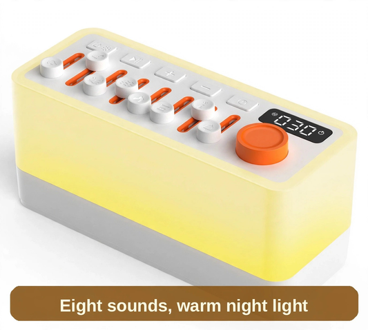 White Noise Machine glowing warm yellow - eight soothing sounds with a soft night light for the bedside.