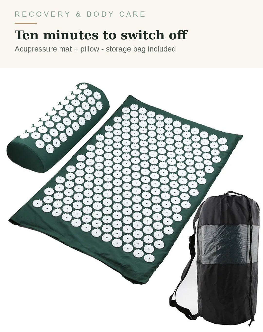Acupressure mat and pillow set in green for yoga, meditation and wind-down time