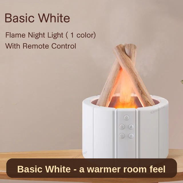 Flame Glow diffuser in white (Basic), front view - a warm, steady flame glow for a calmer room.