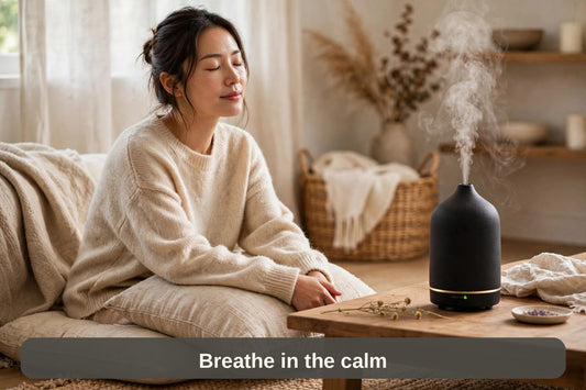 Woman sitting calmly at home breathing in the mist from the ceramic diffuser — breathe in the calm