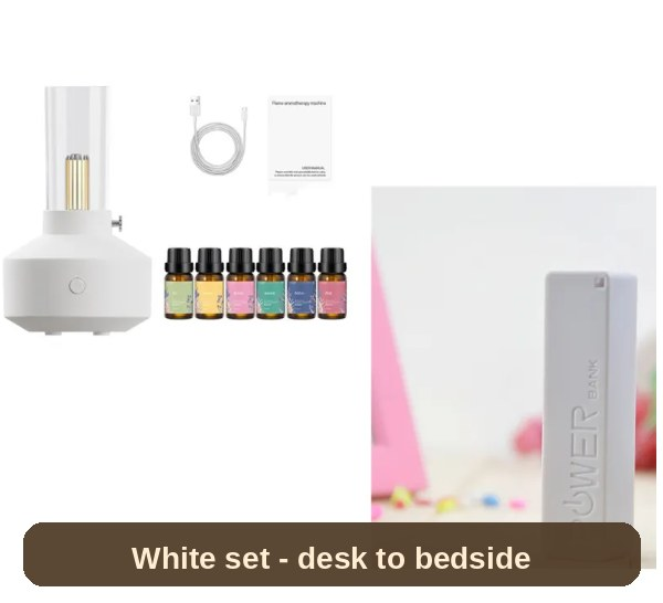 White Humidifier Lamp set with its slim power bank - carry the glow from desk to bedside, no plug needed nearby.