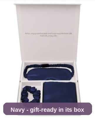 Silk Sleep Gift Set in navy blue, open in its gift box - eye mask, pillowcase and scrunchie, ready to give.