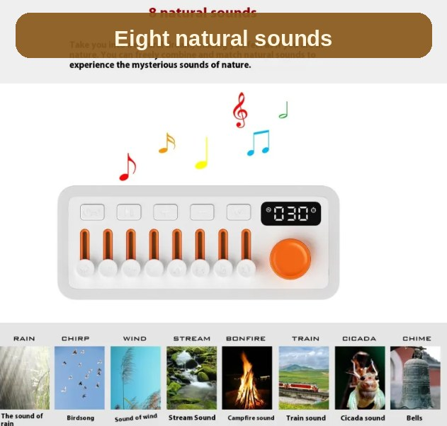 Eight natural sounds to choose from - rain, ocean, wind, stream, bonfire, train and more, each on its own slider.