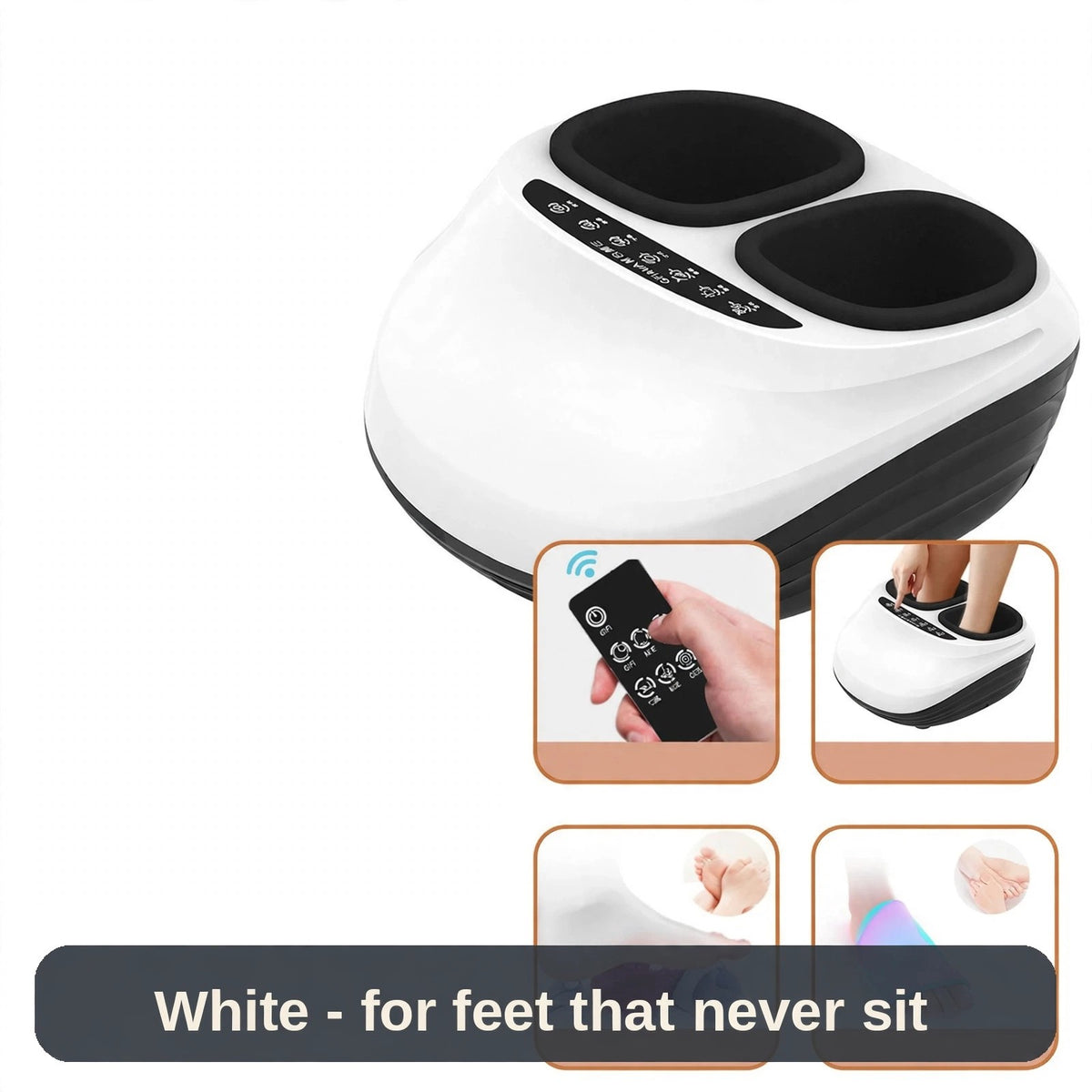White foot massager with remote and in-use details - warming comfort for feet that never sit down.