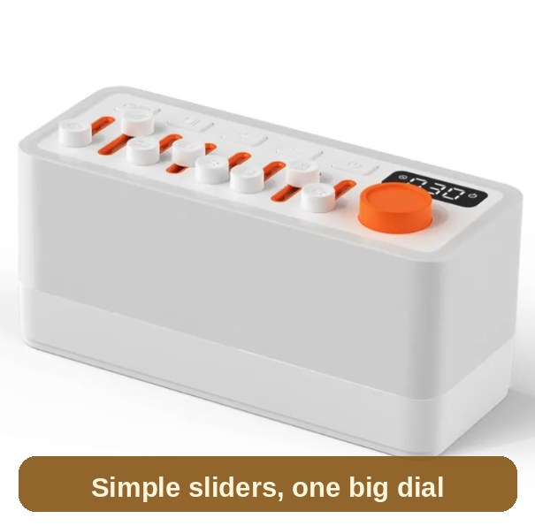 The sound machine unlit, angled view - a clean white design with simple sliders and one big orange dial.