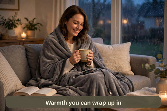 Woman wrapped in the grey USB heated blanket on the sofa with a warm mug — warmth you can wrap up in
