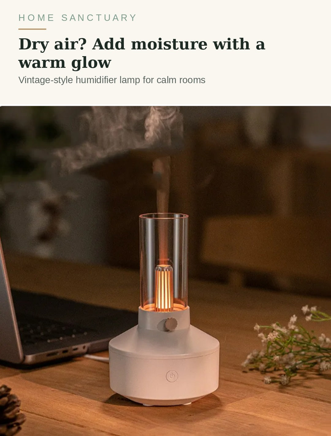 Humidifier lamp with warm glow adding moisture to dry bedroom air