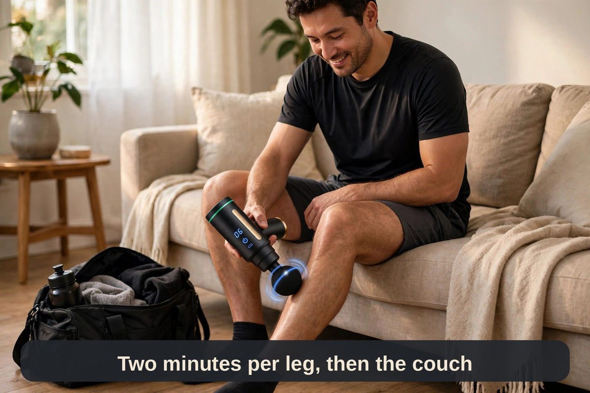 Man using the mini massage gun on his calf after a workout — two minutes per leg, then the couch