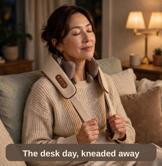 Woman wearing the heated neck massager on the sofa, eyes closed — the desk day, kneaded away