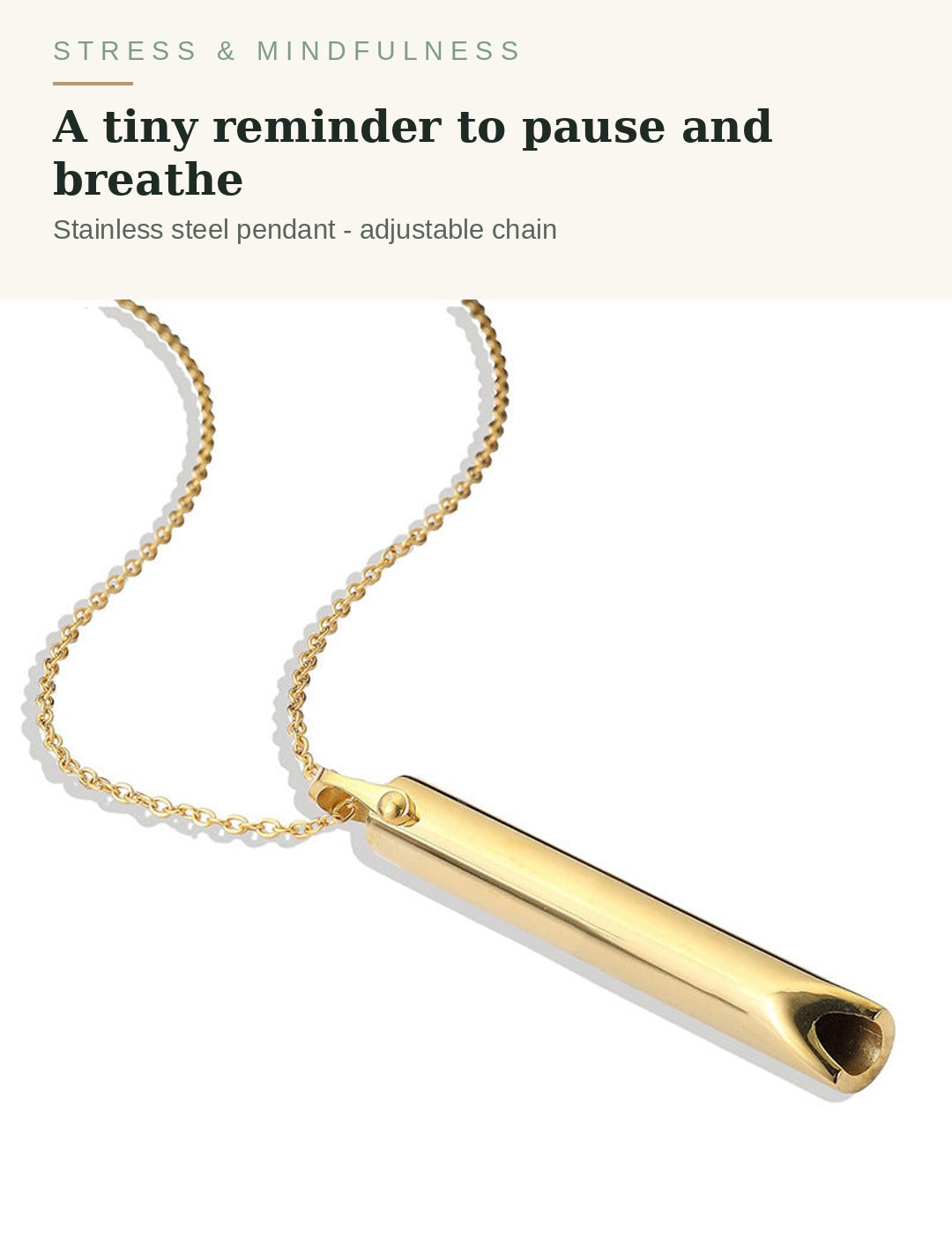 Breathing necklace, stainless steel meditation pendant in gold - a tiny reminder to pause and breathe