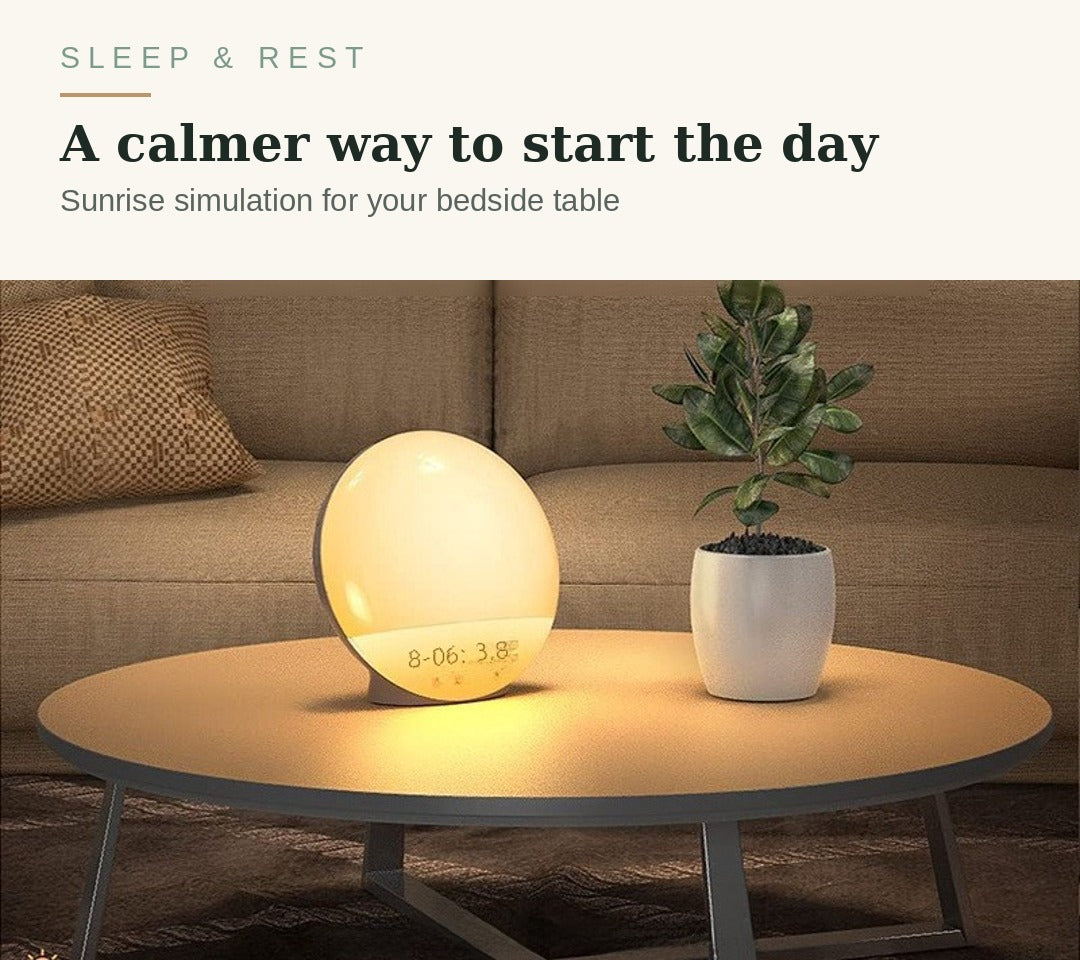 Sunrise Alarm Clock on a bedside table in warm morning light