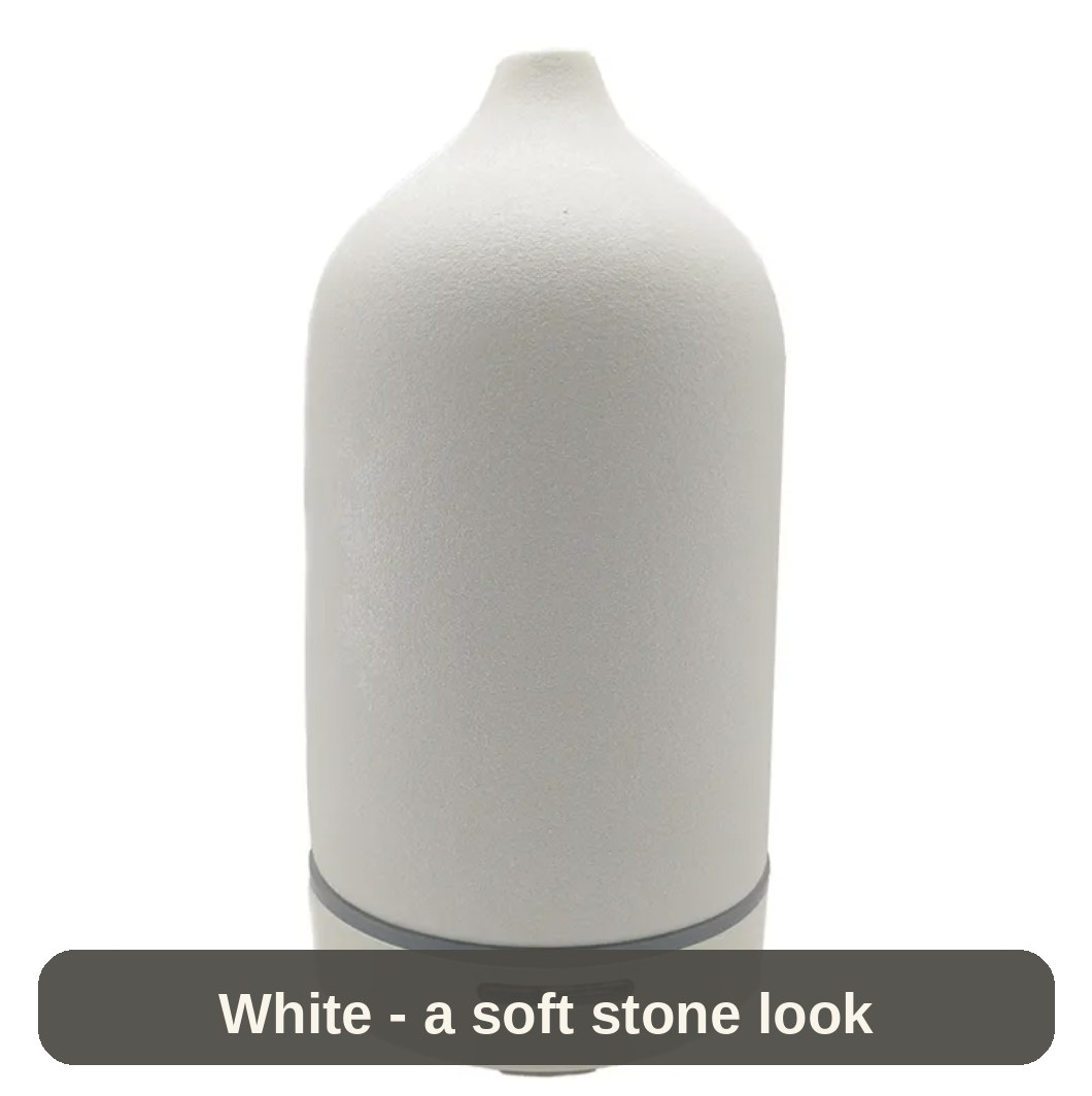 Ceramic Diffuser in white, front view - a soft stone look that suits any shelf.