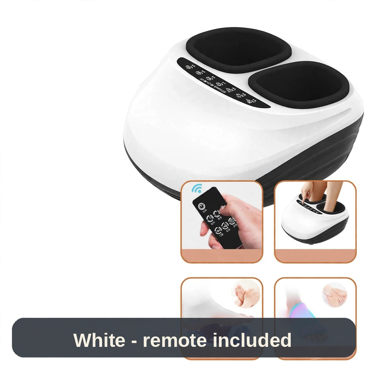 White foot massager with remote and usage insets - kneading and warmth in one compact unit.