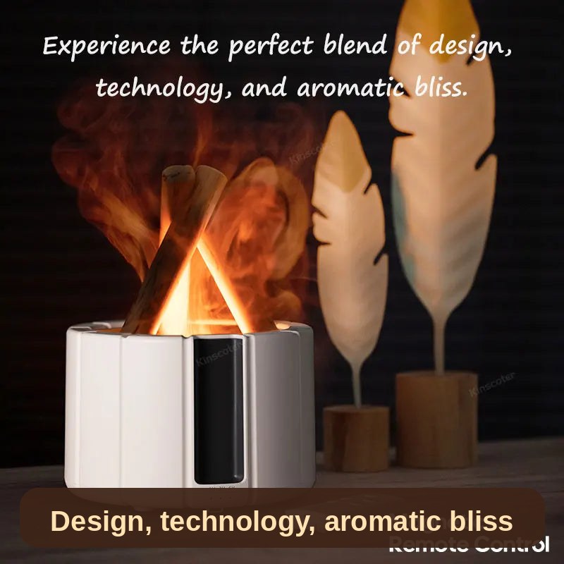 The Flame Glow diffuser in white at night, flame light and mist rising together - a perfect blend of design and aromatic bliss.