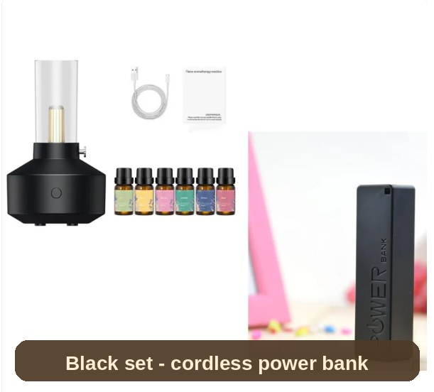 Humidifier Lamp in black with its oil set and portable power bank - moisture and warm light, anywhere.