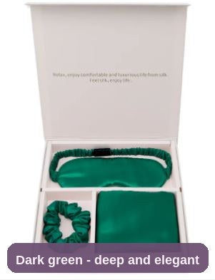 Silk Sleep Gift Set in dark green - a deep, elegant colour with the same three-piece set inside.