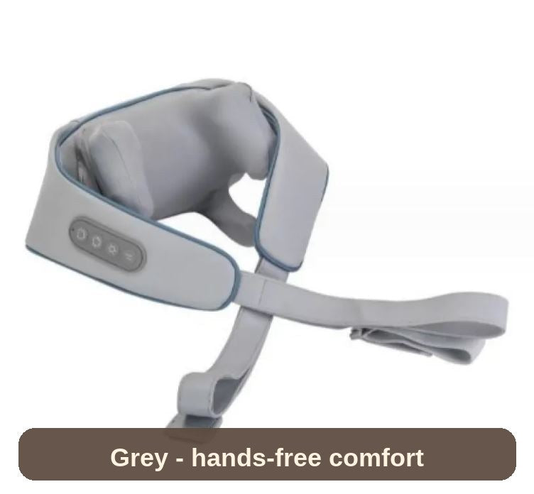 Neck massager in grey from the side - a snug, hands-free fit for the couch, the desk or the car.