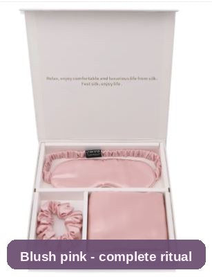 Blush pink silk sleep set - the scrunchie and mask match the pillowcase for a complete ritual.
