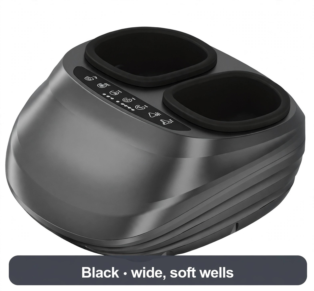 Foot massager in black, top angle - wide soft wells that welcome tired feet.