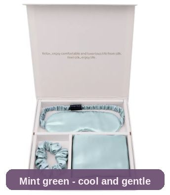 Mint green silk set, mask and scrunchie close up - smooth silk that feels cool and gentle.