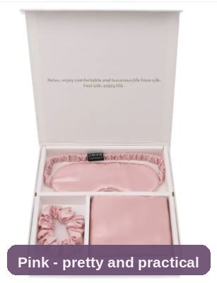 Pink silk set shown again in its box - pretty, practical and made for better evenings.