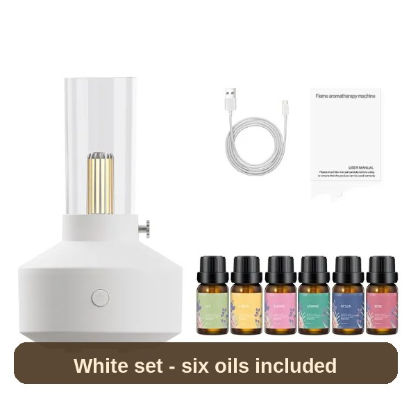 Humidifier Lamp in white, the full set: vintage-style lamp, USB cable and six essential oil bottles.