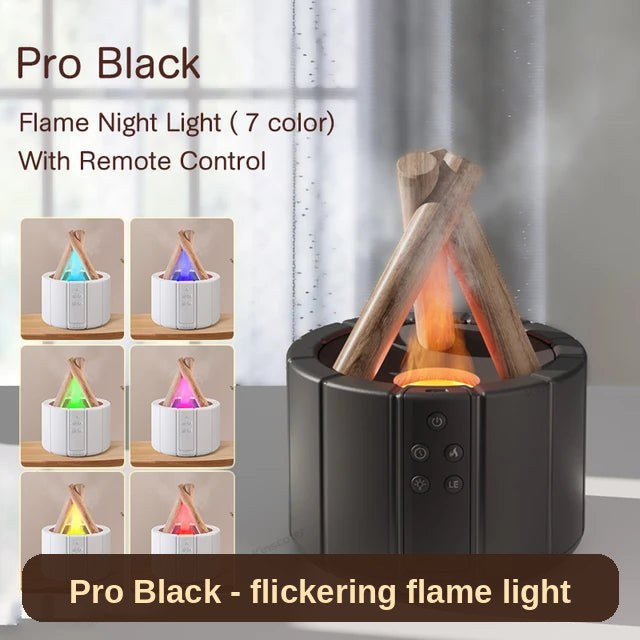 Flame Glow diffuser in black (Pro), front view - realistic flickering flame light with a fine, cool mist.