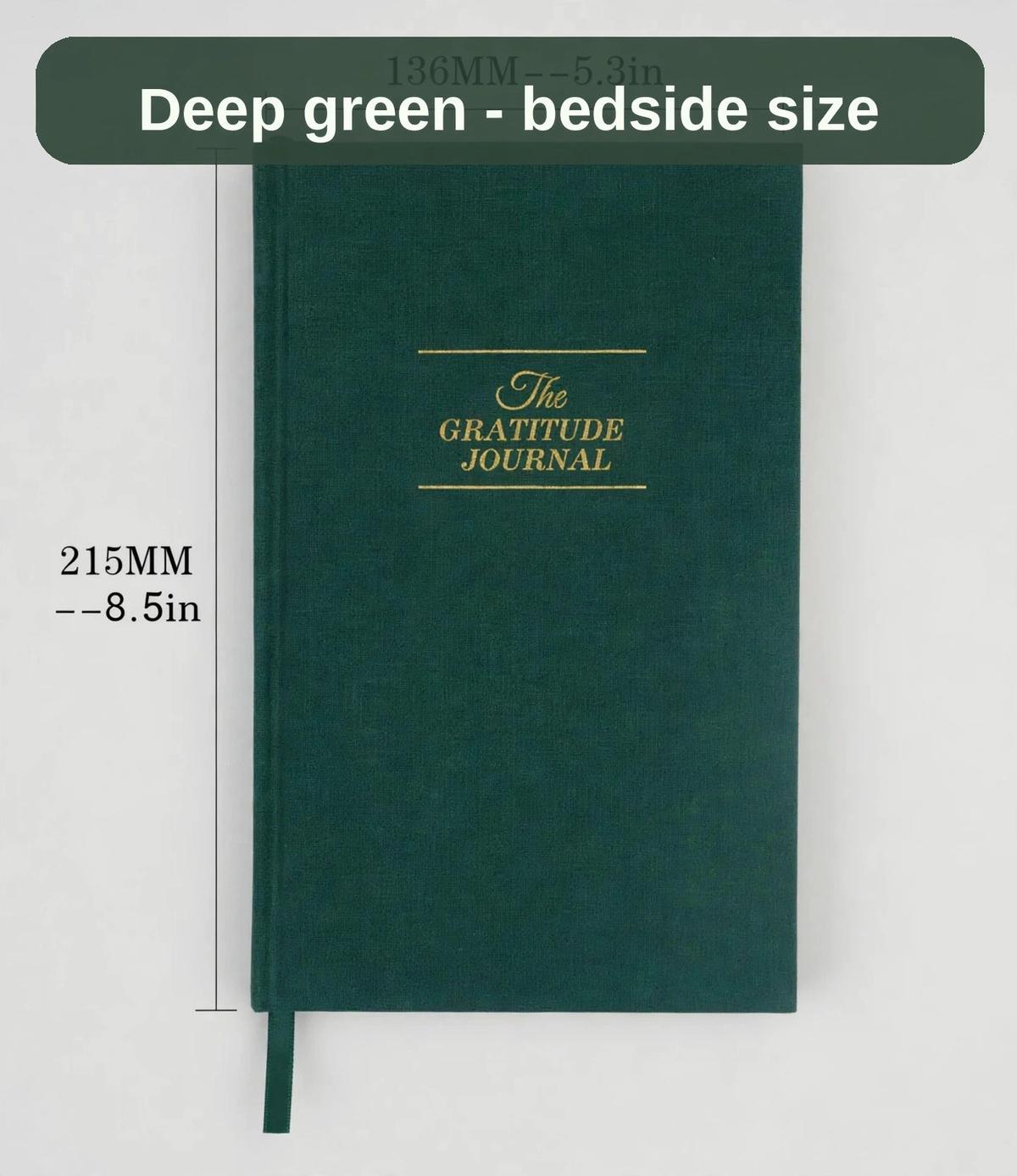 The Gratitude Journal in deep green - sized for a bedside table or a handbag, about 21 by 14 cm.