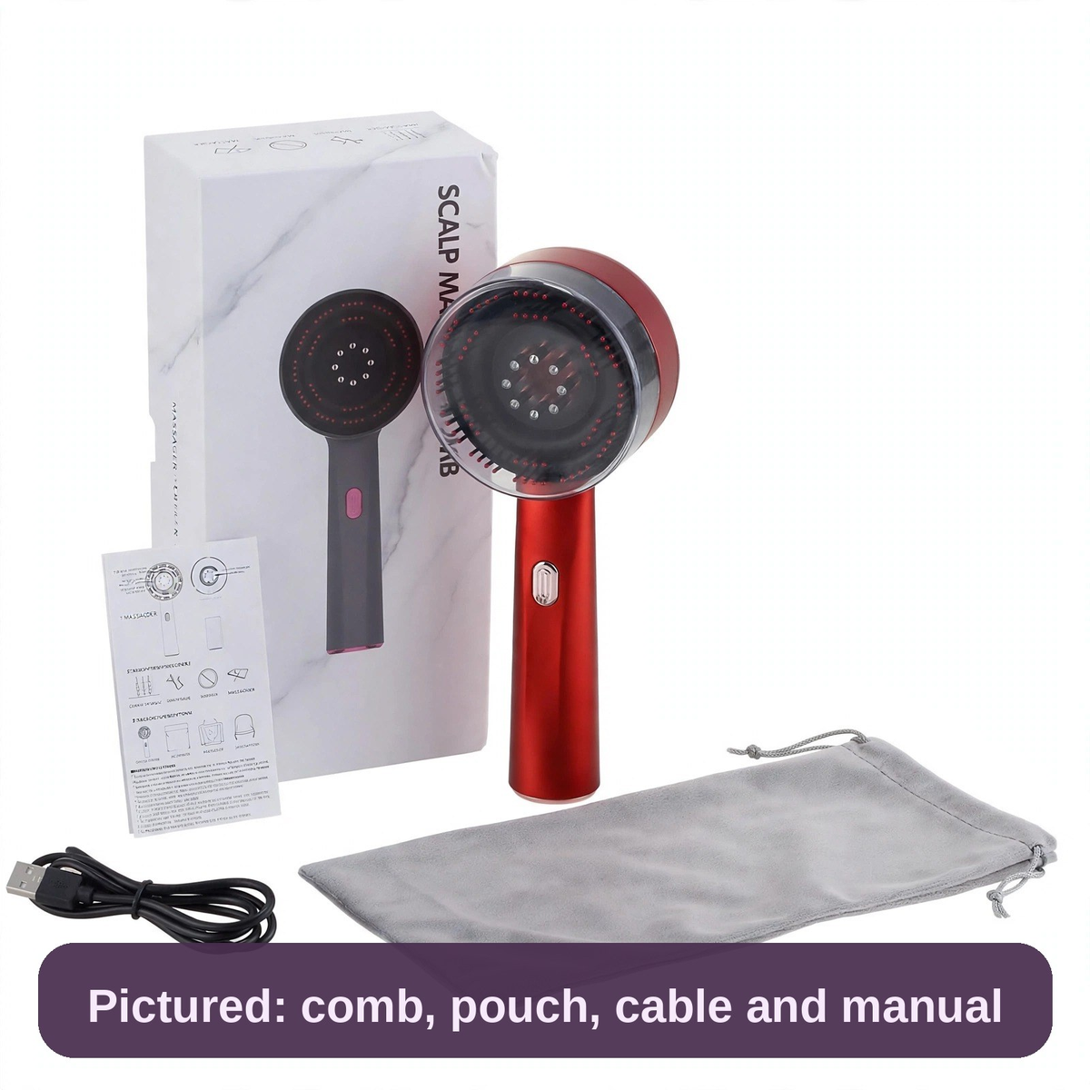 Red light scalp massager comb pictured with its storage pouch, USB cable and instruction manual