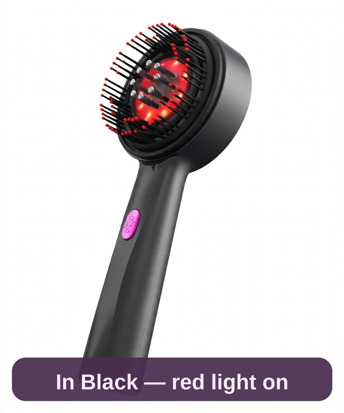 The scalp massager comb in Black with its red light on