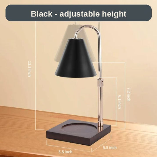 Candle Warmer Lamp in black with a dark wood base - adjustable height, on a base about 5.5 inches square.