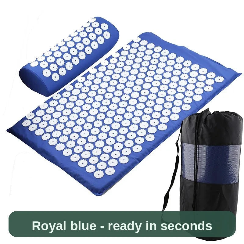 Acupressure Mat and Pillow Set in royal blue with carry bag - bright, portable and ready in seconds.