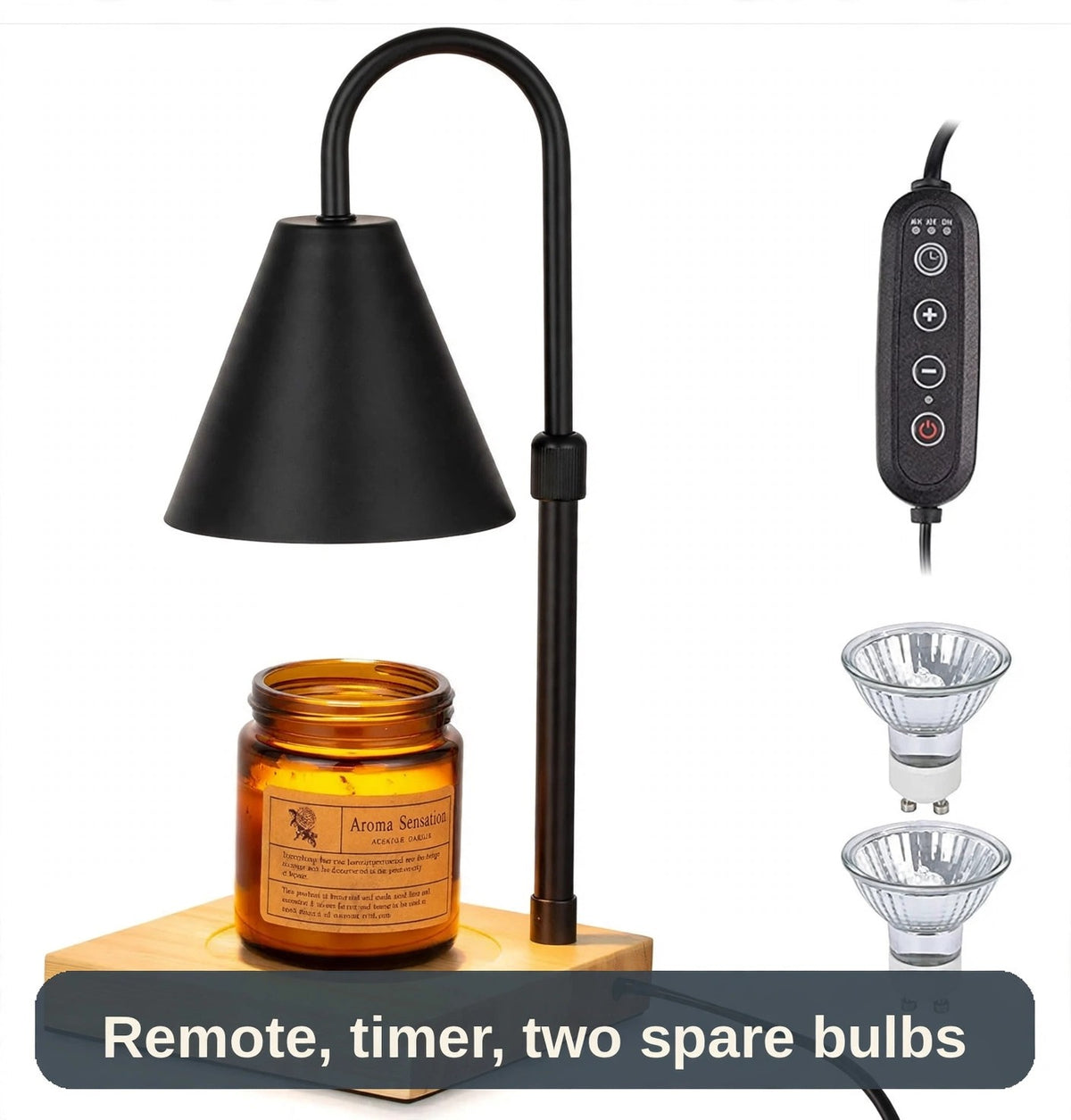 What is included: the warmer lamp, an inline remote with timer and dimmer, and two spare bulbs - just add your favourite candle.