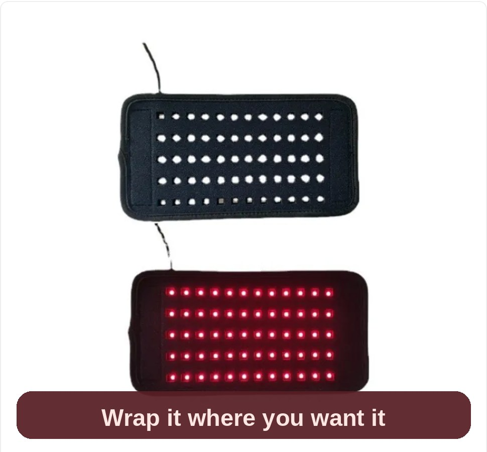 Red light belt shown off and on - flexible, lightweight and easy to wrap around the waist, back or legs.