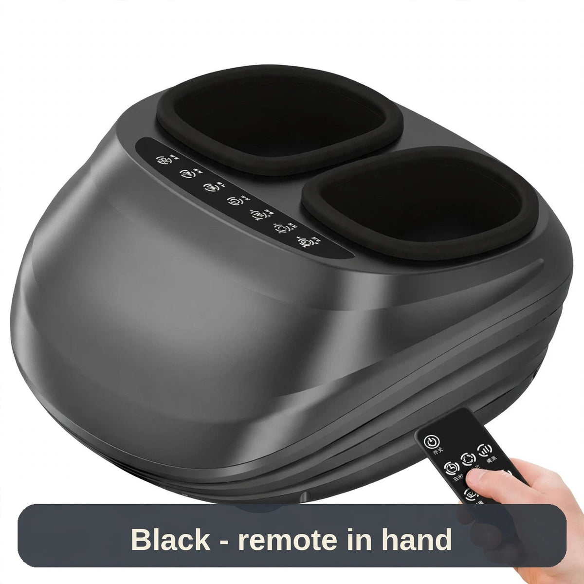 Black foot massager with its remote in hand - change the settings without bending down.
