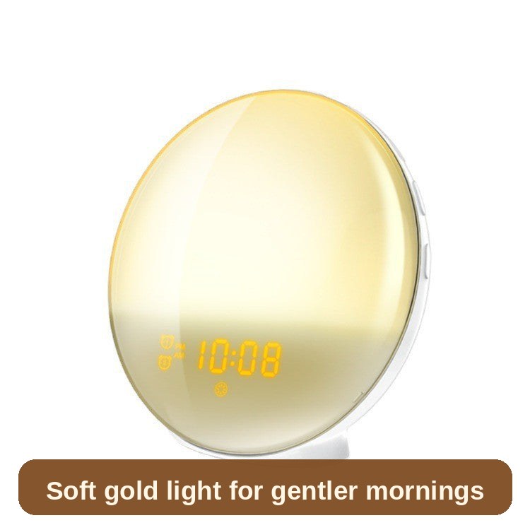 Sunrise Alarm Clock in soft pale-gold light, angled view - a calm bedside glow that eases you into the morning.