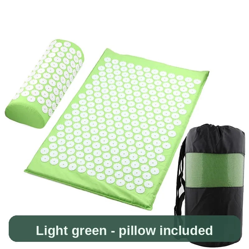 Acupressure Mat and Pillow Set in light green - the pillow supports your neck while the mat does the rest.